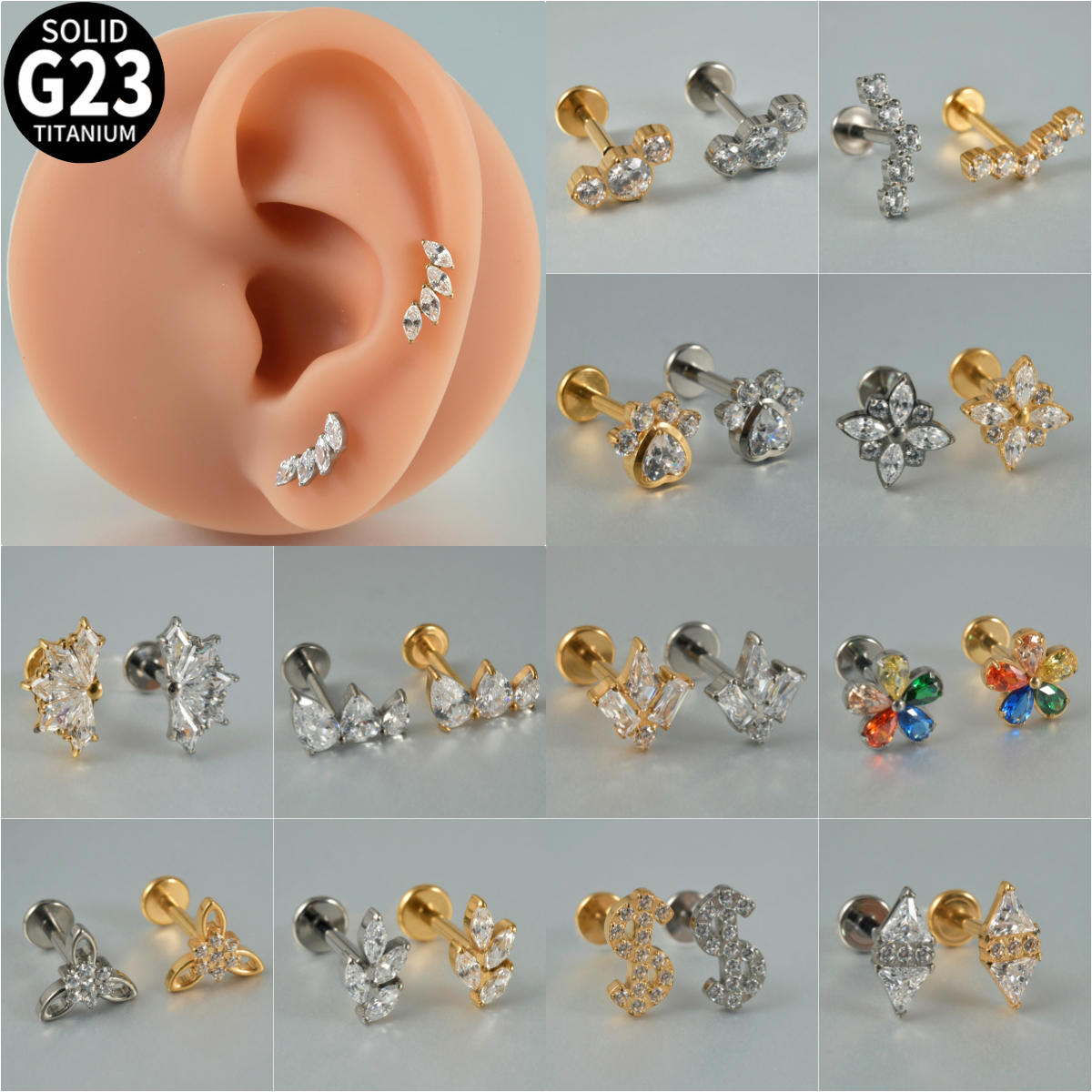1PC Zircon G23 Solid Titanium  - Cluster Stud Ear avaliação e preço