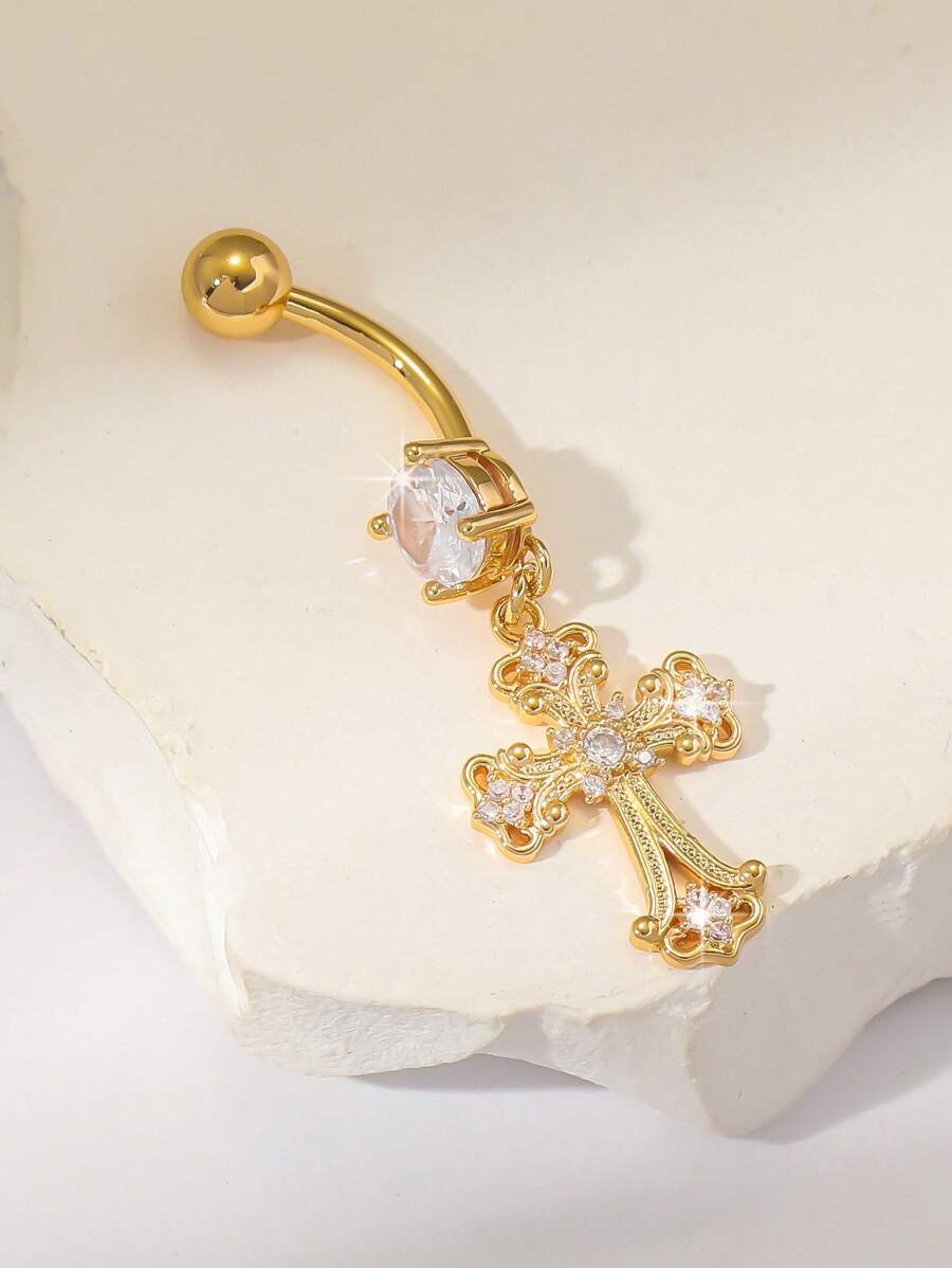 Gold-Tone Ornate Cross Navel R - Body Jewelry Lip Ring avaliação e preço