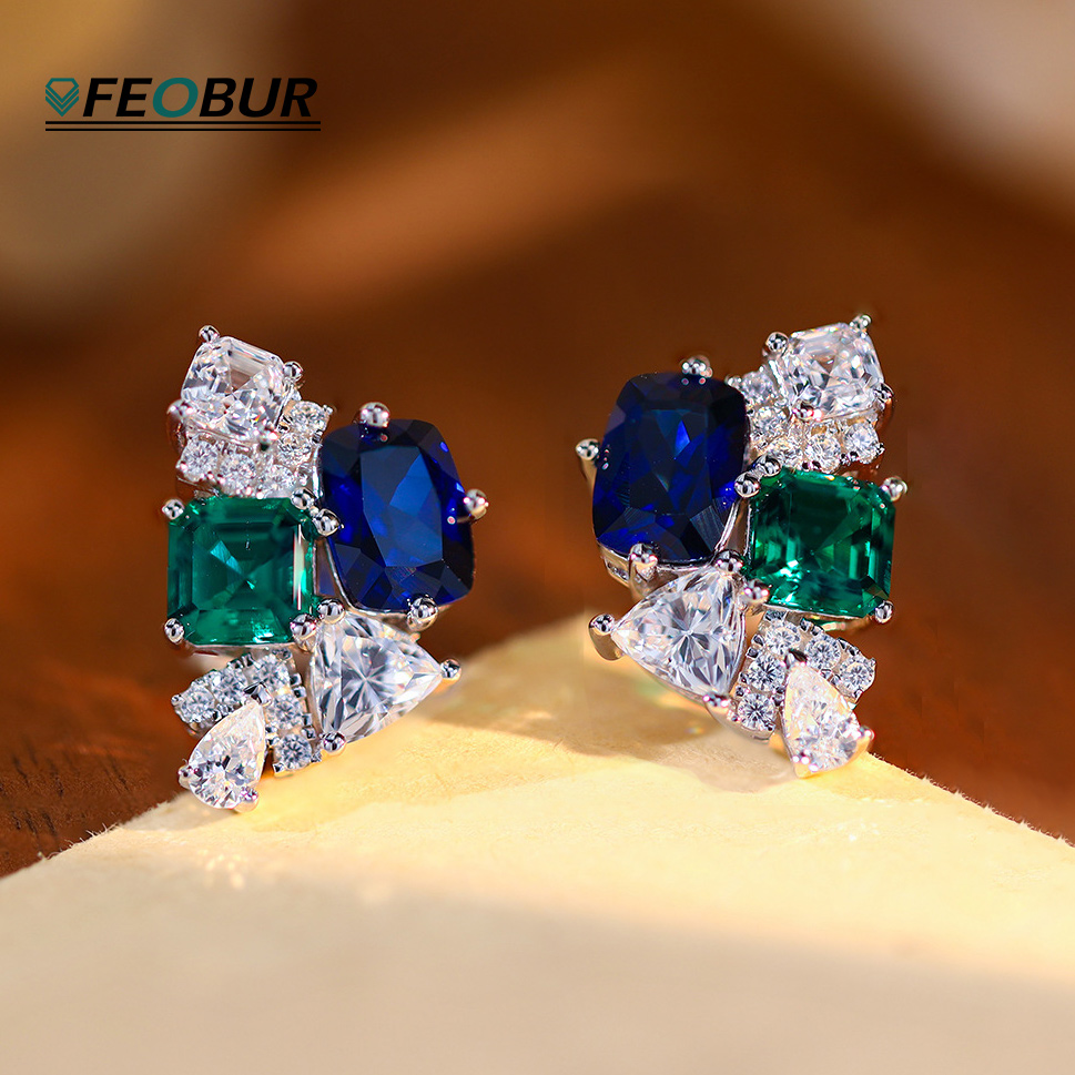 3.2cttw Lab Sapphire Emerald H - Cluster Stud Ear avaliação e preço